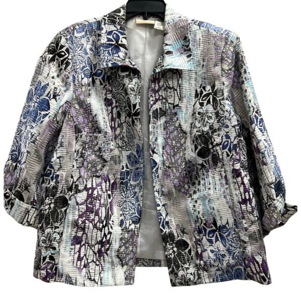DUNNER STUNNER 3/4 cuffed sleeve textured open front floral jacket plus sz 16W